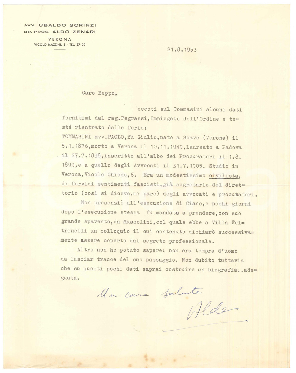 Autografo originale 1953 VERONA Lettera procuratore Aldo ZENARI per dati biografici Autografo 1