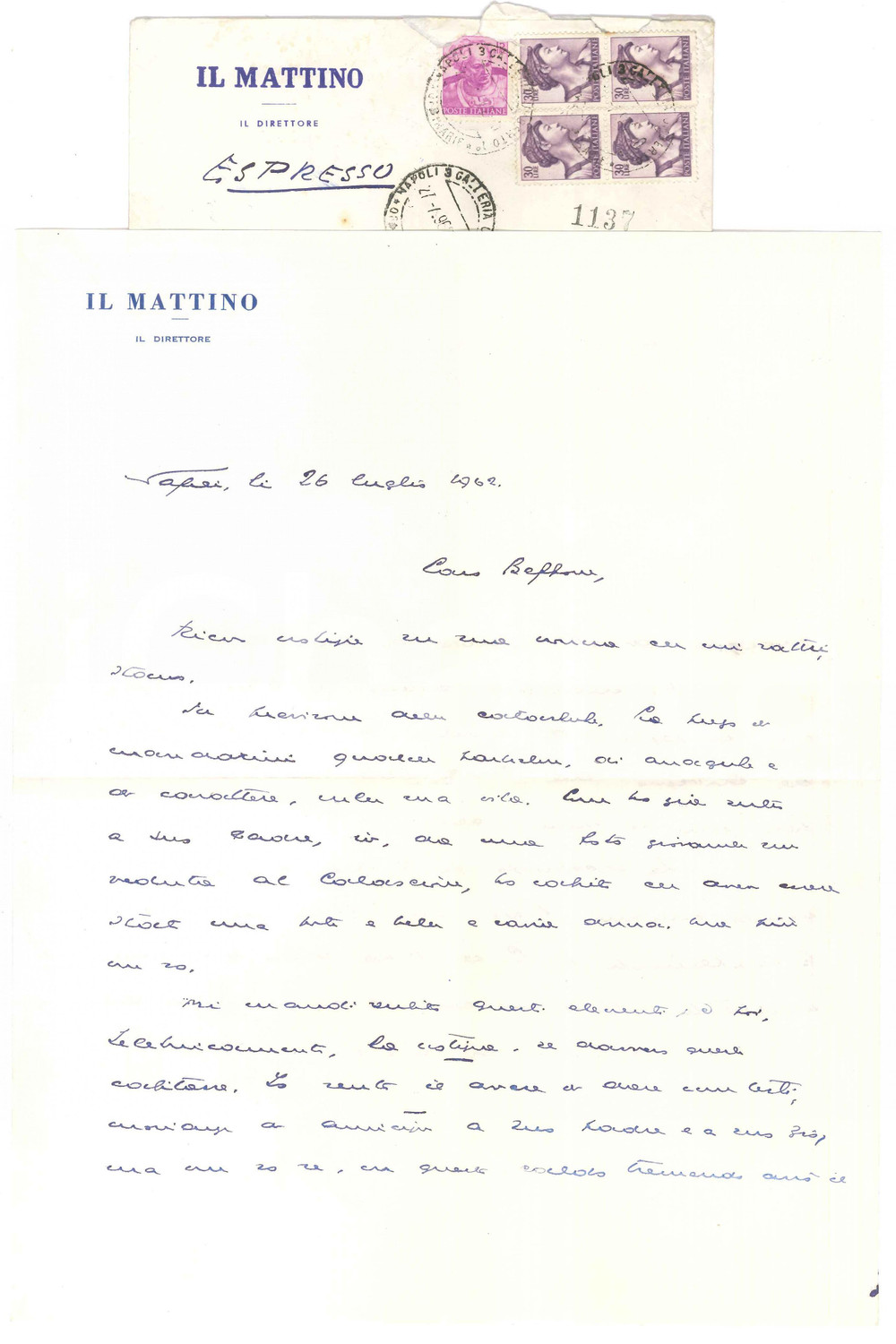 Autografo originale 1962 NAPOLI IL MATTINO Direttore Giovanni ANSALDO  Lettera personale Autografo 1