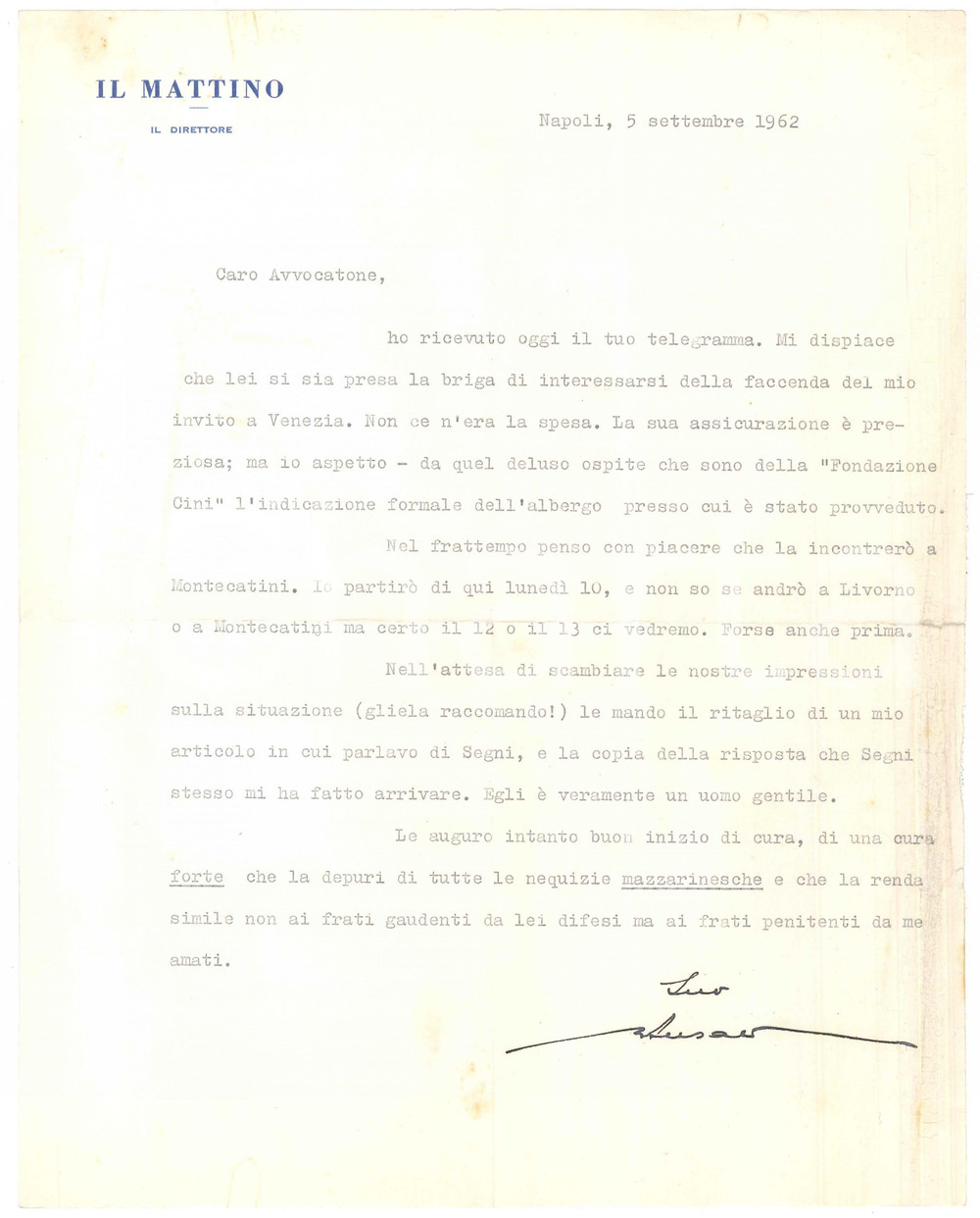 Autografo originale 1962 NAPOLI IL MATTINO Giovanni ANSALDO  Segni Ã¨ un uomo gentile Autografo 1