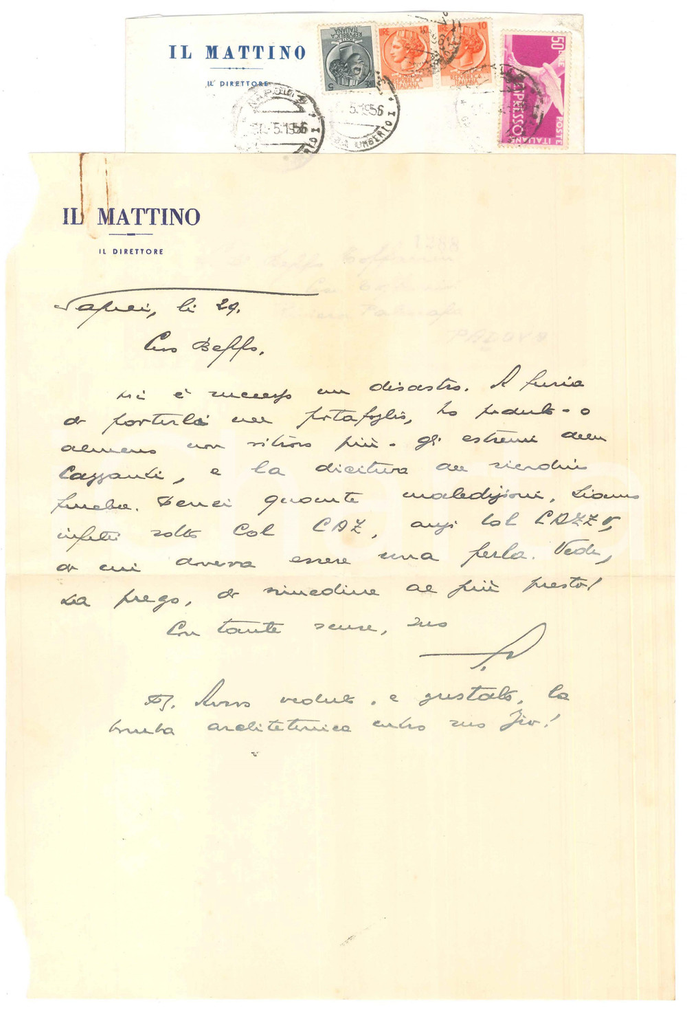 Autografo originale 1956 NAPOLI IL MATTINO Lettera direttore Giovanni ANSALDO a un amico Autografo 1
