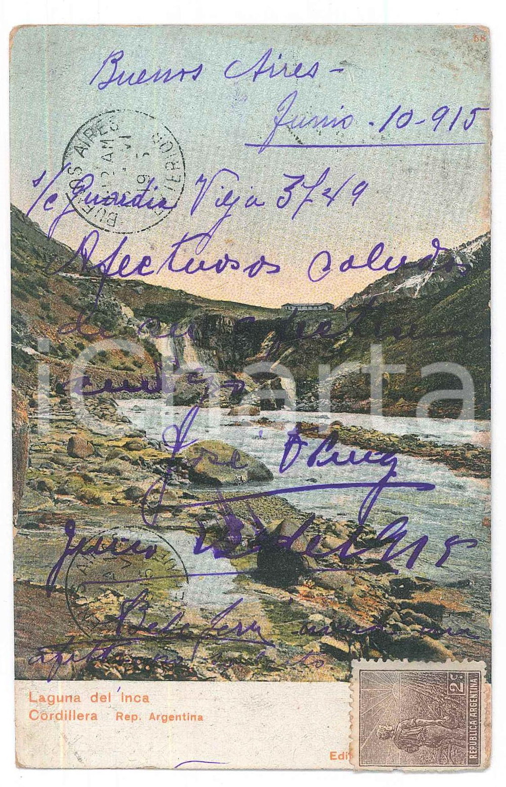 Cartolina originale da collezione 1915 ARGENTINA Cordillera de los Andes LAGUNA DEL INCA Cartolina FP VG 1