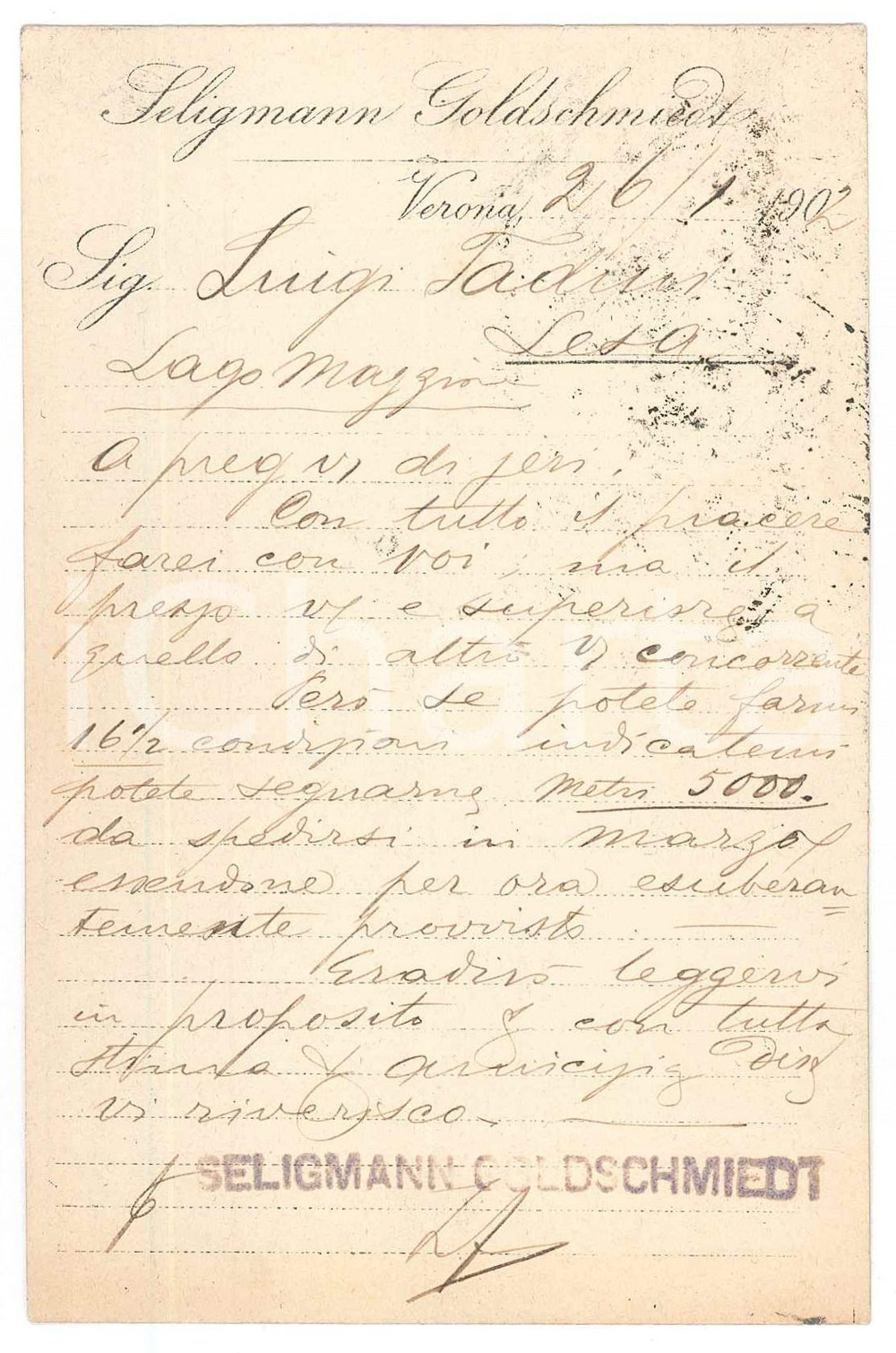 Cartolina originale da collezione 1902 VERONA Ditta SELIGMANN GOLDSCHMIEDT Cartolina commerciale 1