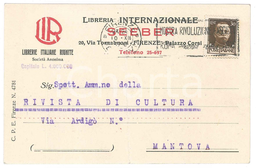 Cartolina originale da collezione 1932 FIRENZE Libreria internazionale SEEBER Librerie Italiane Riunite Cartolina 1