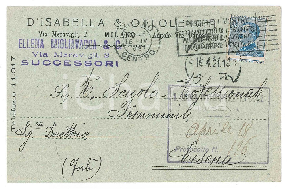 Cartolina originale da collezione 1921 MILANO Ditta D ISABELLA E OTTOLENGHI Ellena MIGLIAVACCA Cartolina 1