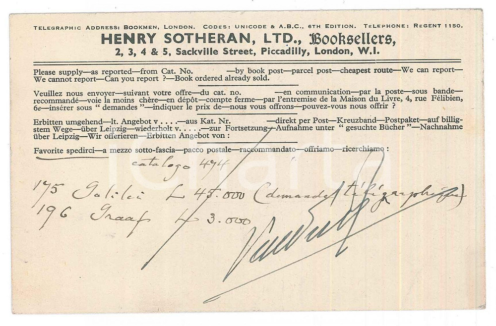 Cartolina originale da collezione 1950 LONDON  PICCADILLY Booksellers Henry SOTHERAN LTD. Postcard 1