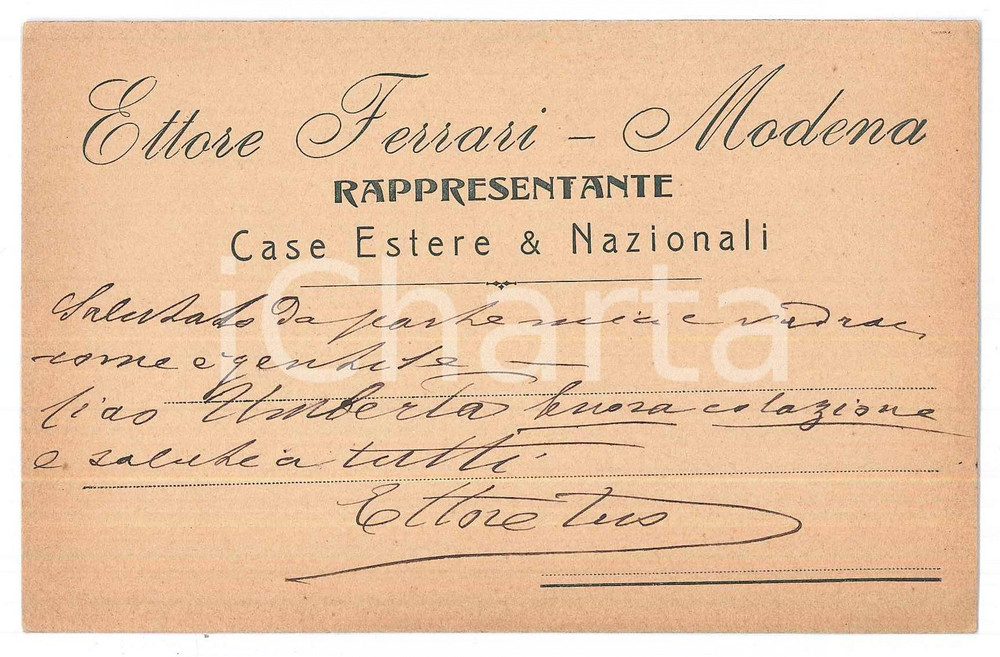 Cartolina originale da collezione 1910 ca MODENA Ettore FERRARI Rappresentante  Cartolina commerciale 1