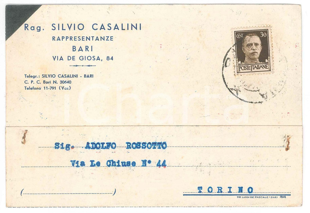 Cartolina originale da collezione 1940 BARI Ragioniere Silvio CASALINI Cartolina commerciale 1