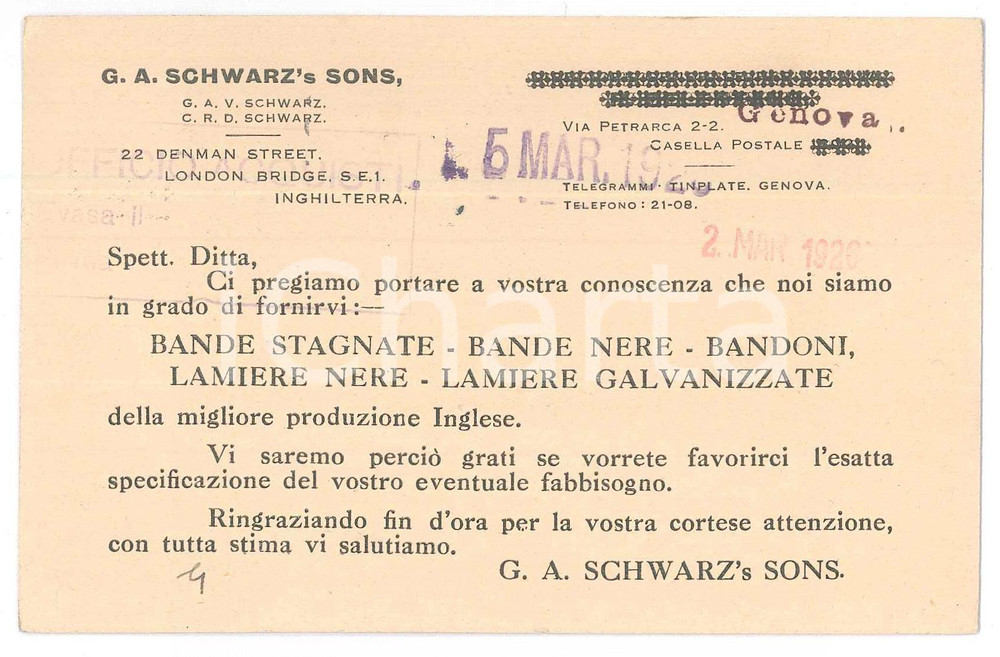 Cartolina originale da collezione 1926 LONDON  G. A. SCHWARZ S SONS Lamiere inglesi  Cartolina commerciale 1