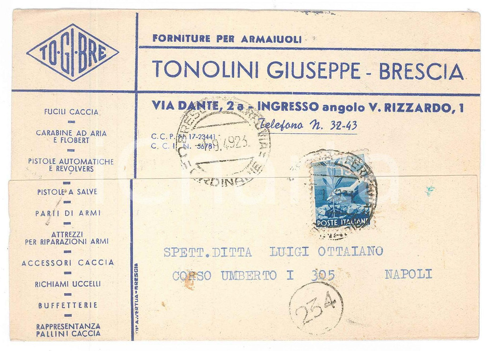 Cartolina originale da collezione 1949 BRESCIA Giuseppe TONOLINI Forniture per armaiuoli  Cartolina commerciale 1