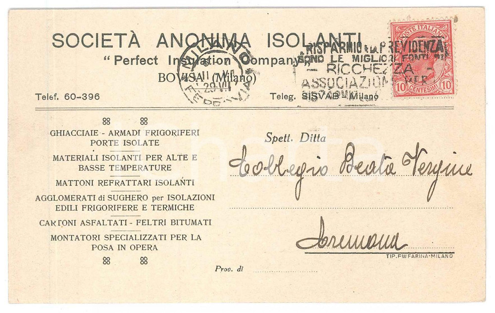 Cartolina originale da collezione 1929 MILANO  BOVISA SocietÃ  Anonima Isolanti  Ghiacciaie Perfect  Cartolina 1