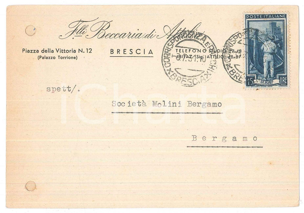 Cartolina originale da collezione 1951 BRESCIA F.lli Beccaria di Attilio scrive a SocietÃ  Molini di Bergamo 1