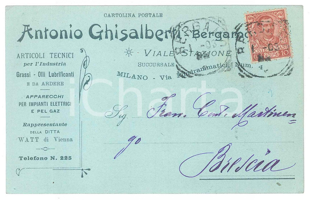 Cartolina originale da collezione 1903 BERGAMO Ditta Antonio GHISALBERTI Olii lubrificanti  Cartolina commerciale 1