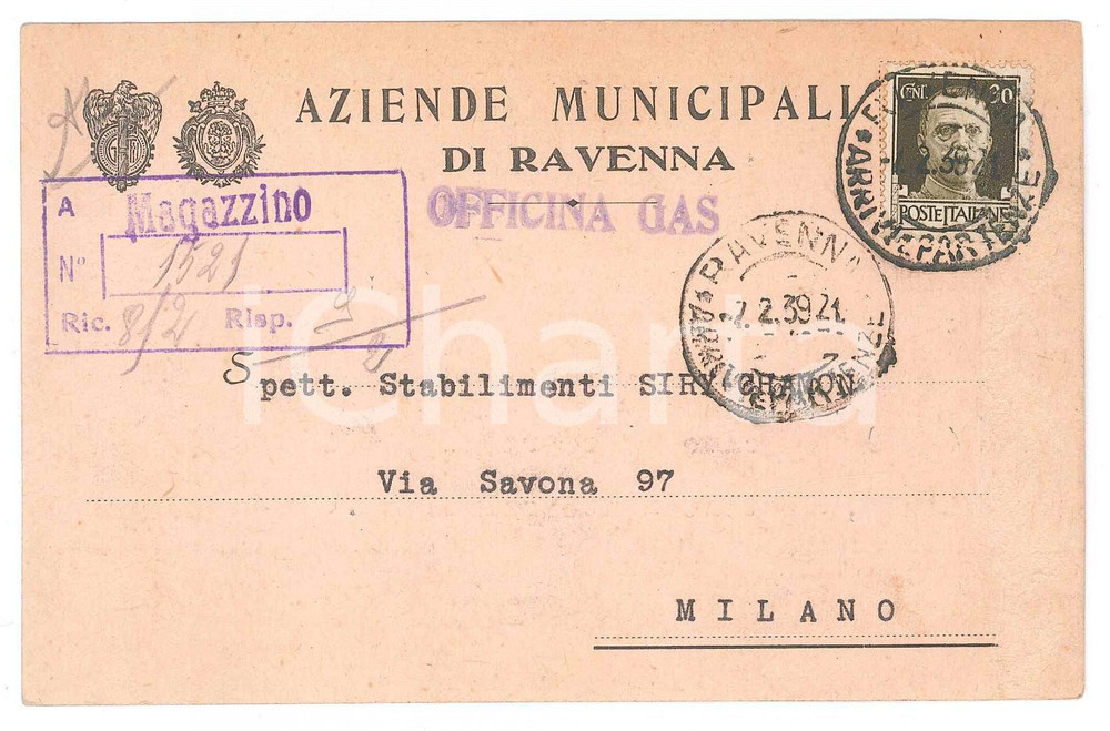Cartolina originale da collezione 1939 RAVENNA Officina municipale gas scrive a Stabilimenti SIRY CHAMON di Milano 1