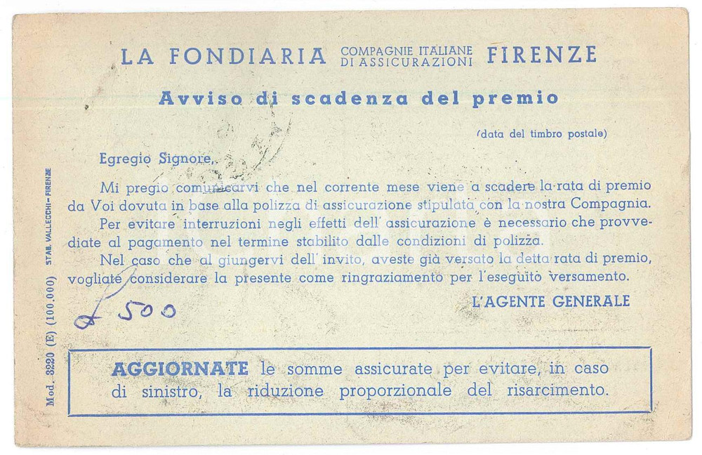 Cartolina originale da collezione 1954 FIRENZE Assicurazioni LA FONDIARIA Avviso di scadenza del premio Cartolina 1