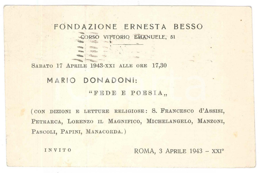 Oggetto da collezione cartaceo 1943 ROMA Fondazione Ernesta BESSO Fede e poesie di Mario DONADONI Invito 1