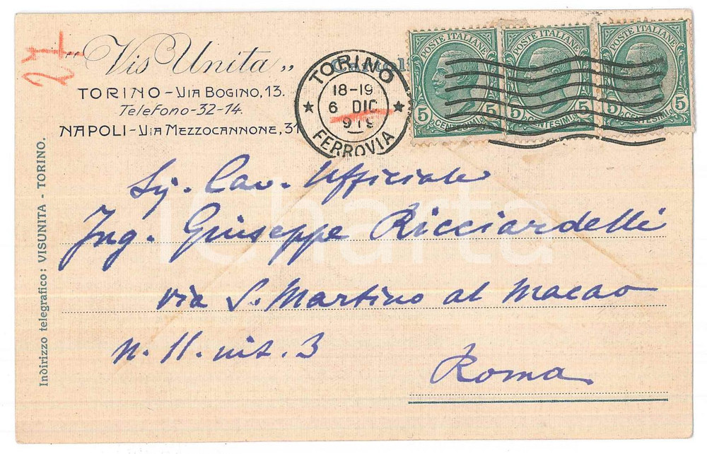 Cartolina originale da collezione 1919 TORINO Via Bogino 13  VIS UNITA  Cartolina postale intestata 1