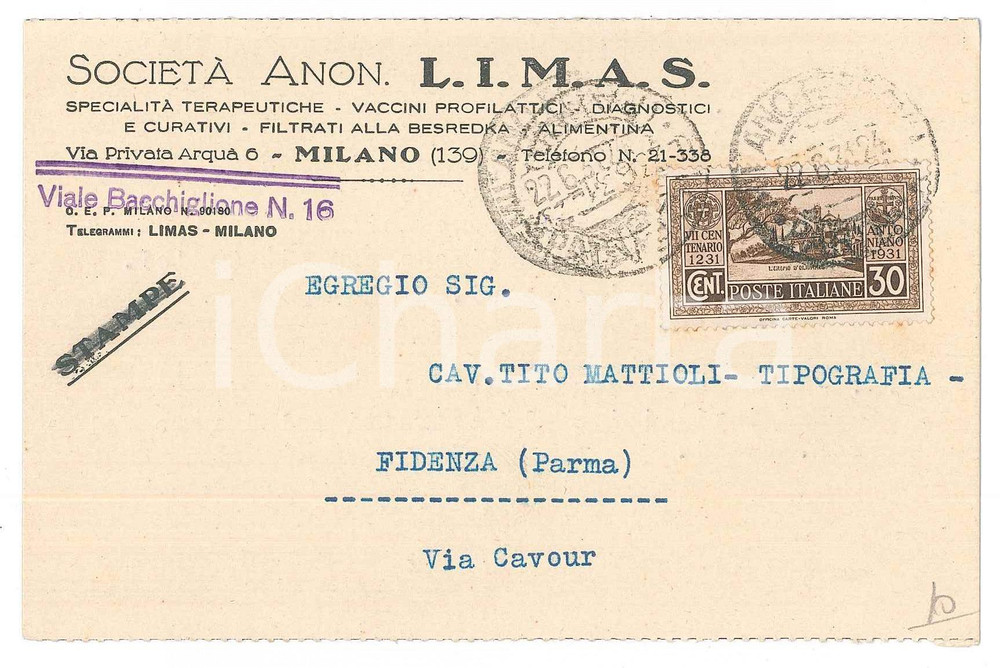 Cartolina originale da collezione 1931 MILANO SocietÃ  LIMAS Vaccini e filtrati alla besredka  Cartolina FP VG 1
