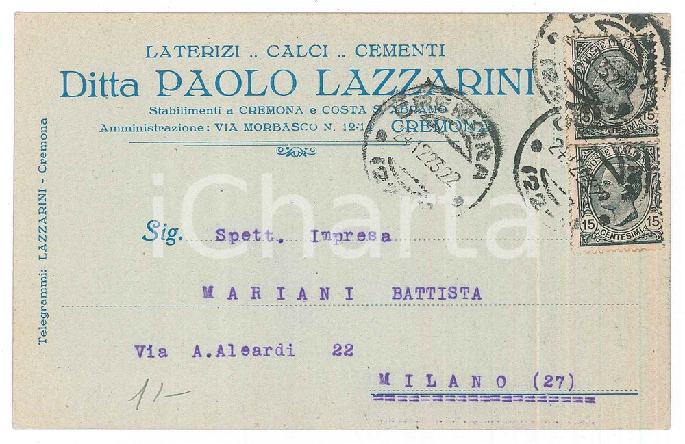 Cartolina originale da collezione 1923 MILANO Ditta Paolo LAZZARINI Laterizi e cementi  Cartolina commerciale 1