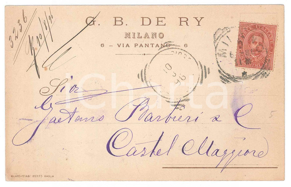 Cartolina originale da collezione 1896 MILANO Via Pantano G. B. DE RY Articoli tecnici per l industria  Cartolina 1
