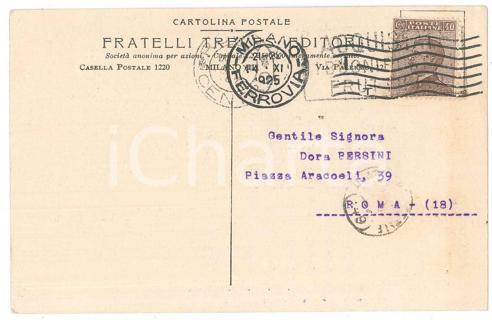 Cartolina originale da collezione 1925 MILANO F.lli TREVES Numeri GIORNALE DEI FANCIULLI distrutti in un incendio 1
