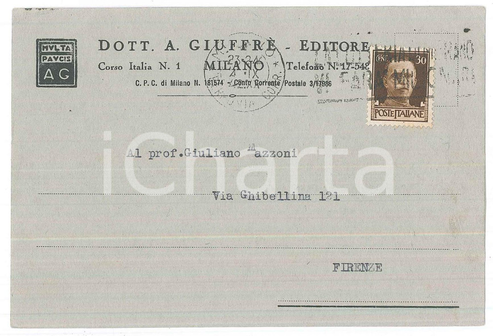 Cartolina originale da collezione 1942 MILANO Dott. A. GIUFFRE  EDITORE a Prof. Giuliano MAZZONI Cartolina 1