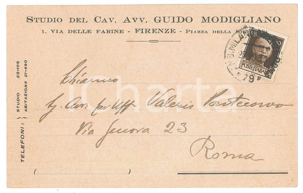 Cartolina originale da collezione 1929 FIRENZE Avv. Guido MODIGLIANO scrive all Avv. Valerio PONTECORVO Cartolina 1