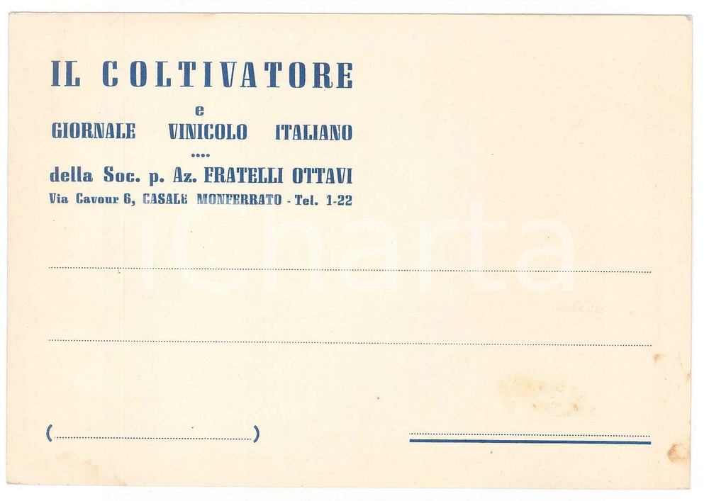 Cartolina originale da collezione 1950 CASALE MONFERRATO F.lli Ottavi IL COLTIVATORE Giornale vinicolo  Cartolina 1