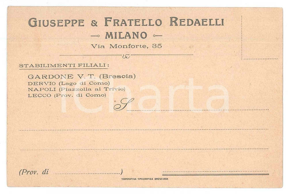 Cartolina originale da collezione 1913 MILANO Via Monforte  Stabilimenti Giuseppe e fratello REDAELLI Cartolina 1