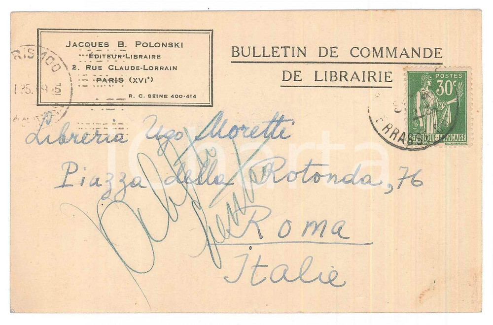 Cartolina originale da collezione 1939 PARIS Editeur Jacques B. POLONSKI Bulletin de commande de librairie 1