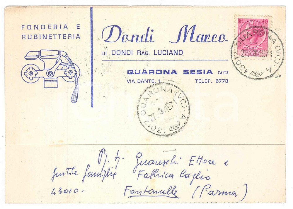 Cartolina originale da collezione 1971 GUARONA SESIA Rubinetteria Marco DONI Fonderia  Cartolina commerciale 1