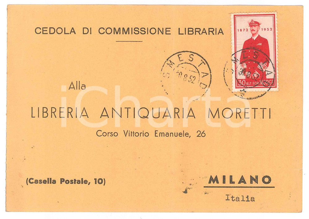 Documento originale, autentico 1952 MILANO Corso Vittorio Emanuele  Libreria antiquaria MORETTI Cedola 15x10 1