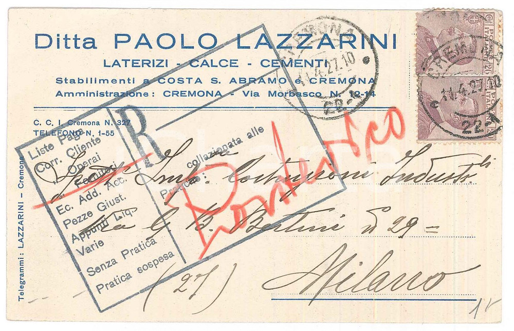 Cartolina originale da collezione 1927 CREMONA Ditta Paolo LAZZARINI Laterizi  Cartolina commerciale FP VG 1