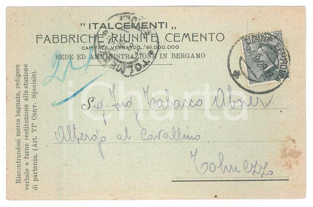 Cartolina originale da collezione 1929 BERGAMO  ITALCEMENTI scrive all ing. Abner TABACCO Cartolina commerciale 1 1