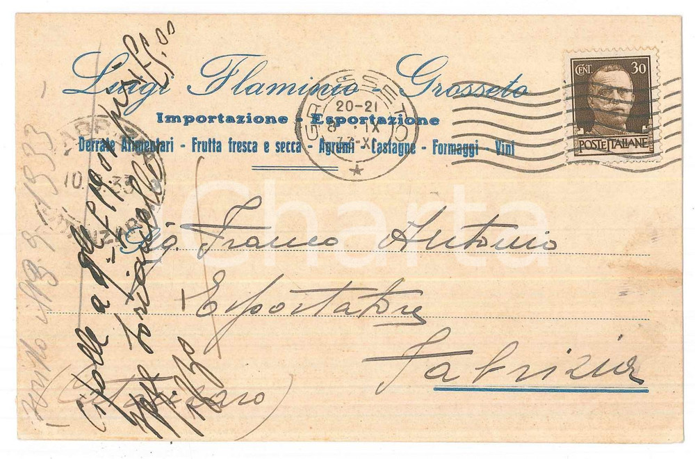 Cartolina originale da collezione 1933 GROSSETO Luigi FLAMINIO import  export alimentari  Cartolina commerciale 1