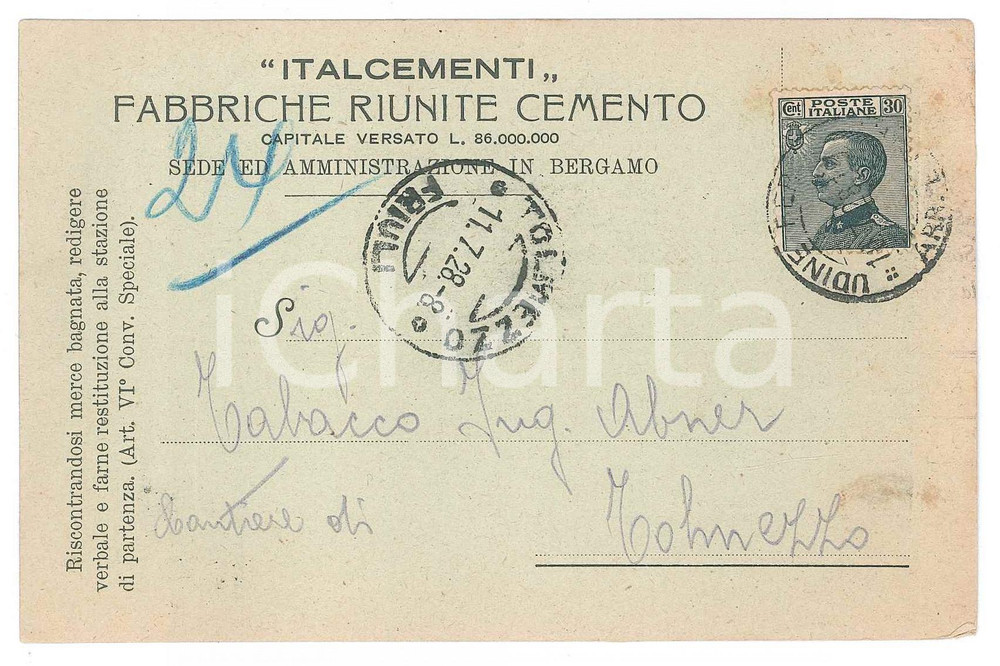 Cartolina originale da collezione 1928 BERGAMO  ITALCEMENTI scrive all ing. Abner TABACCO Cartolina commerciale 1