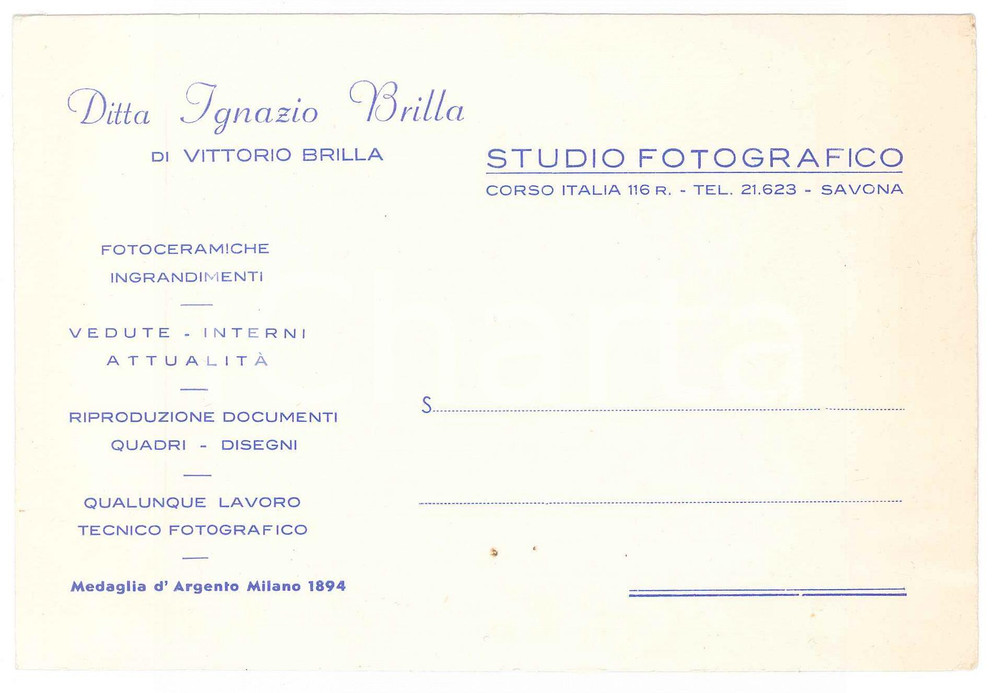 Documento originale, autentico 1962 SAVONA Studio fotografico Ignazio BRILLA di Vittorio BRILLA Cartolina 1