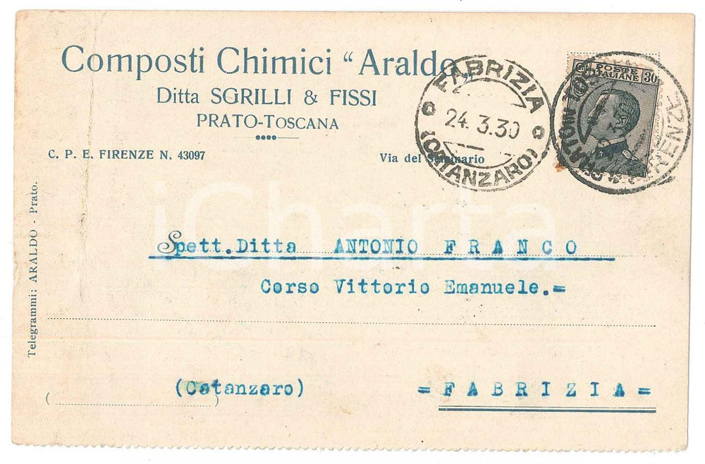 Cartolina originale da collezione 1930 PRATO Ditta SGRILLI E FISSI Composti chimici ARALDO Cartolina commerciale 1