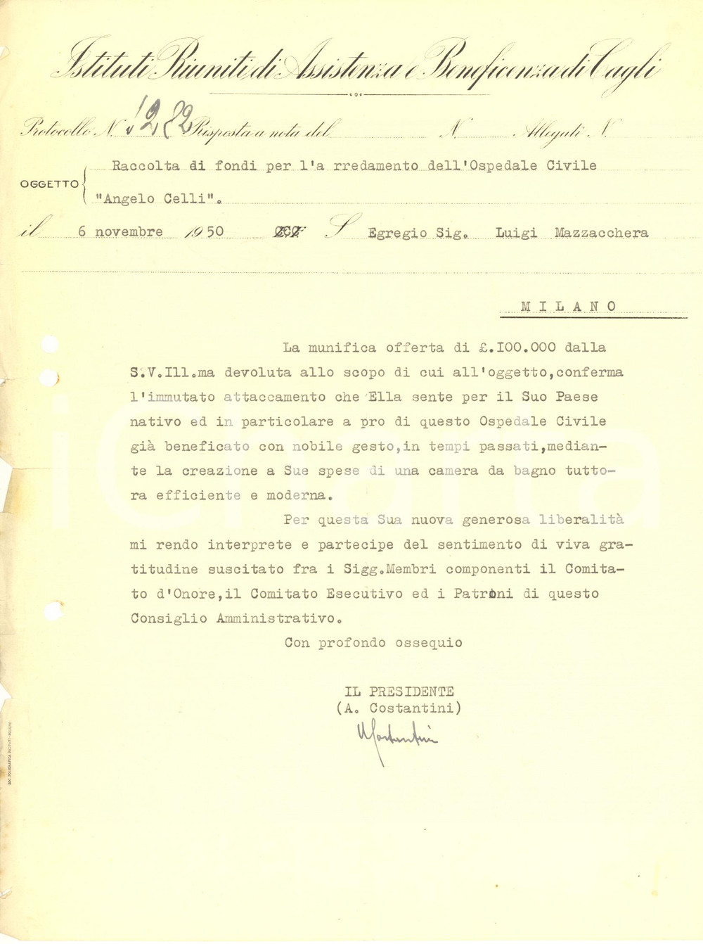 Documento originale, autentico 1950 CAGLI Lettera A. COSTANTINI  Istituti Riuniti Assistenza e Beneficenza 1