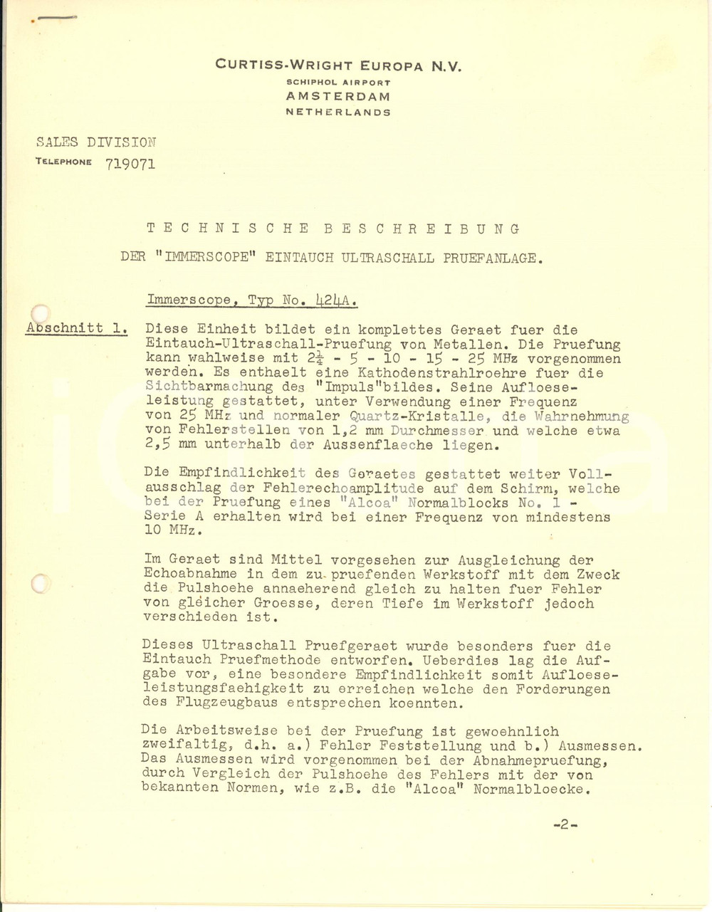 Documento originale, autentico 1957 AMSTERDAM  CURTISSWRIGHT EUROPA  Technische Beschreibung IMMERSCOPE 1
