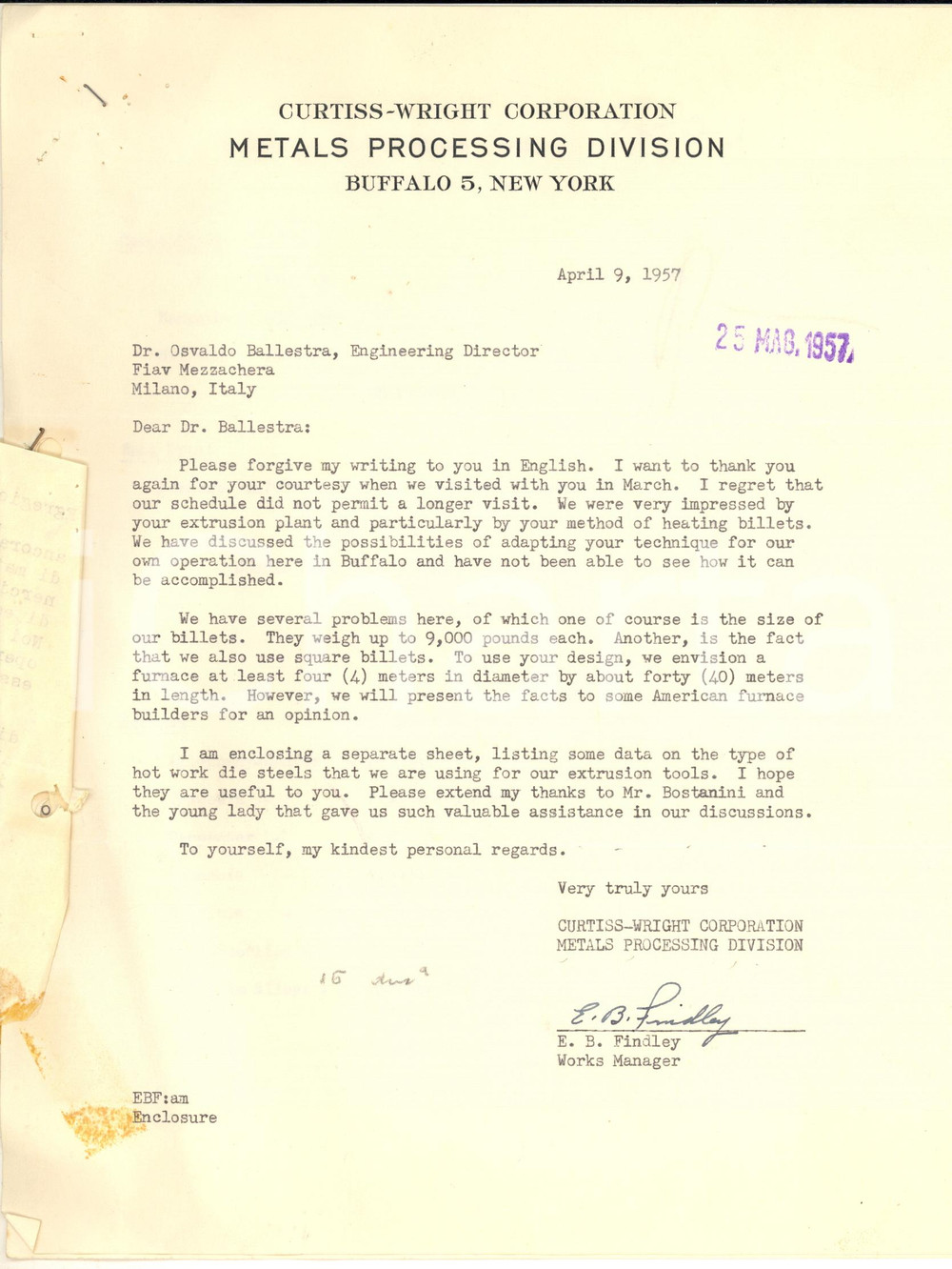 Documento originale, autentico 1957 AMSTERDAM  CURTISSWRIGHT EUROPA  Letter E. B. FINDLEY Works Manager 1
