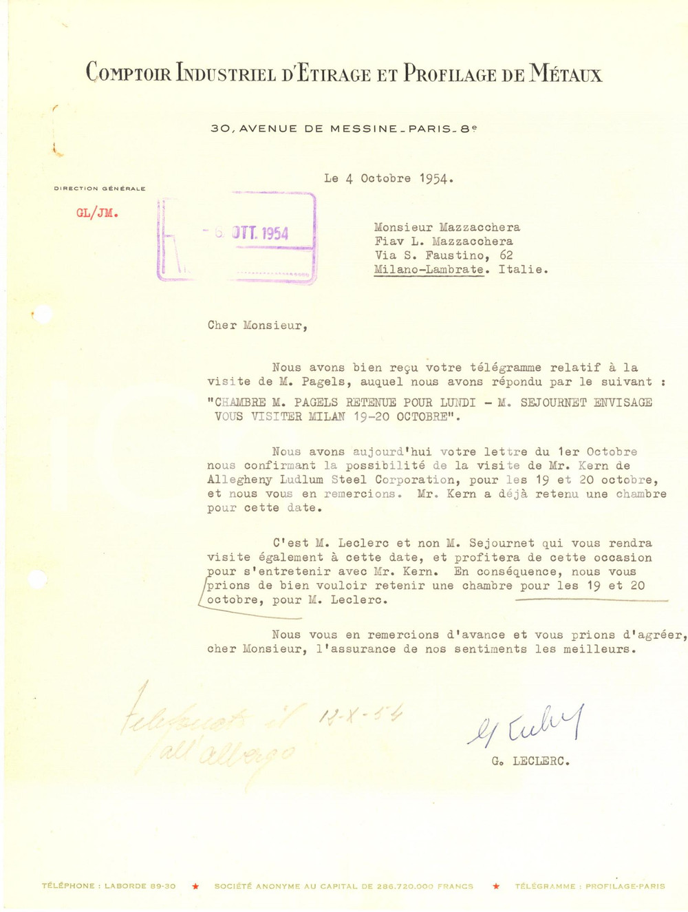 Documento originale, autentico 1954 PARIS Lettre G. LECLERC  Comptoir Ã‰tirage Profilage MÃ©taux AUTOGRAPHE 1