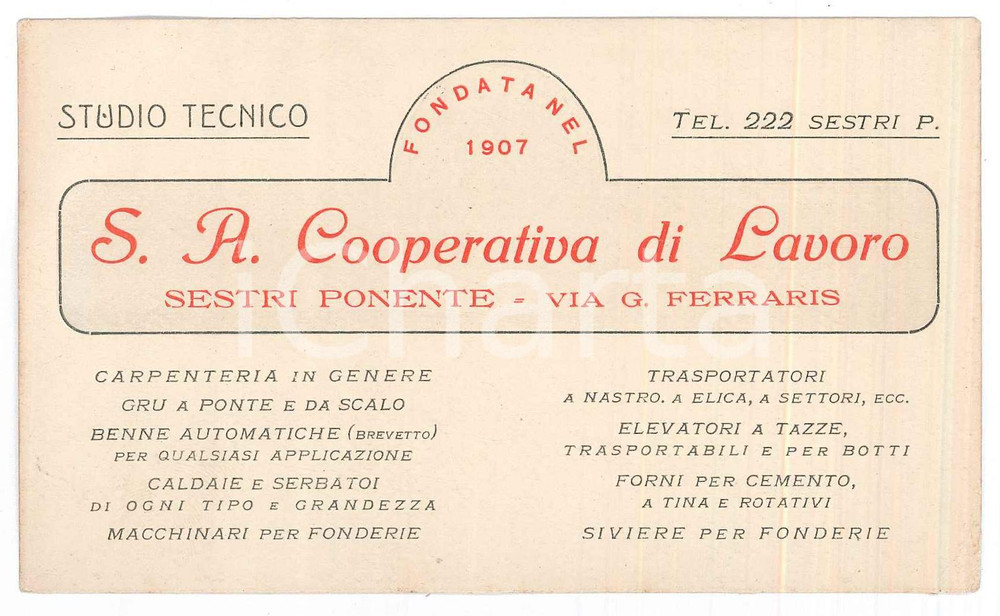 Oggetto da collezione cartaceo 1930 ca SESTRI PONENTE Studio tecnico COOPERATIVA DI LAVORO Biglietto da visita 1