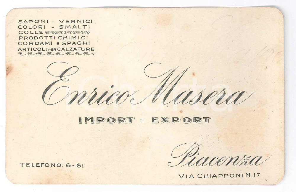 Oggetto da collezione cartaceo 1920 ca PIACENZA Enrico MASERA Import  export saponi  Biglietto da visita 1