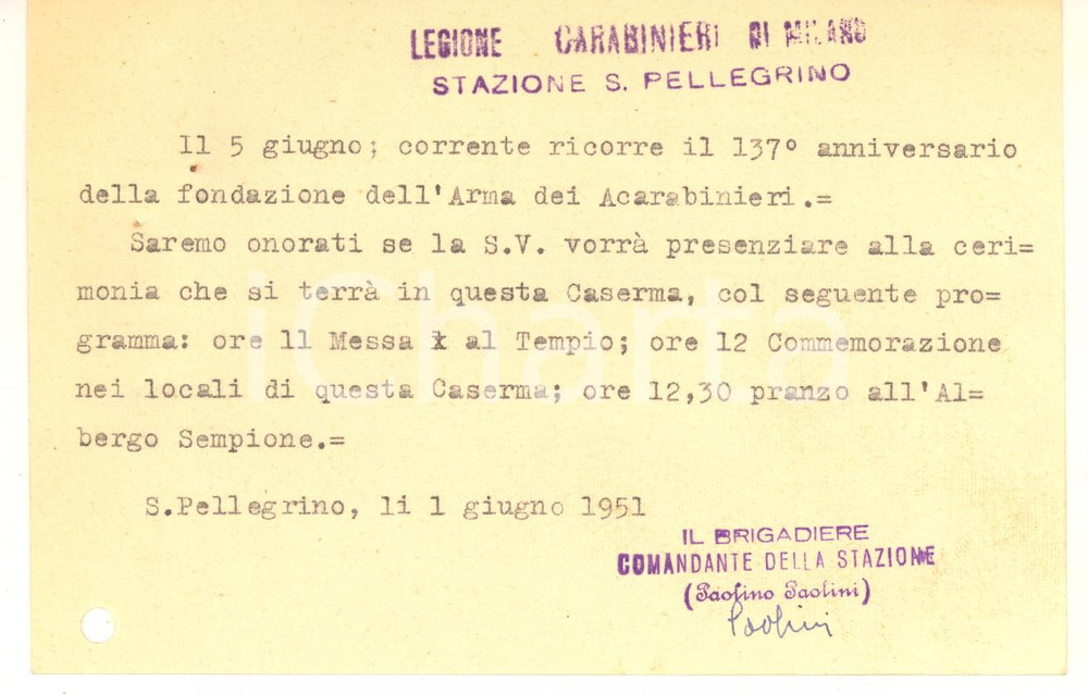 Autografo originale 1951 SAN PELLEGRINO TERME Invito brigadiere Paolino PAOLINI  CARABINIERI MILANO 1