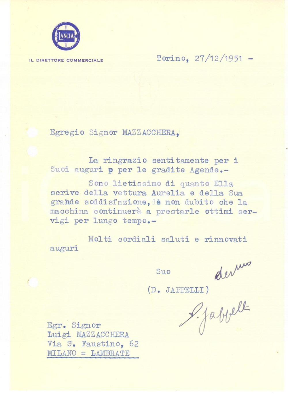 Autografo originale 1951 TORINO LANCIA  Lettera Domenico JAPPELLI direttore commerciale  Autografo 1