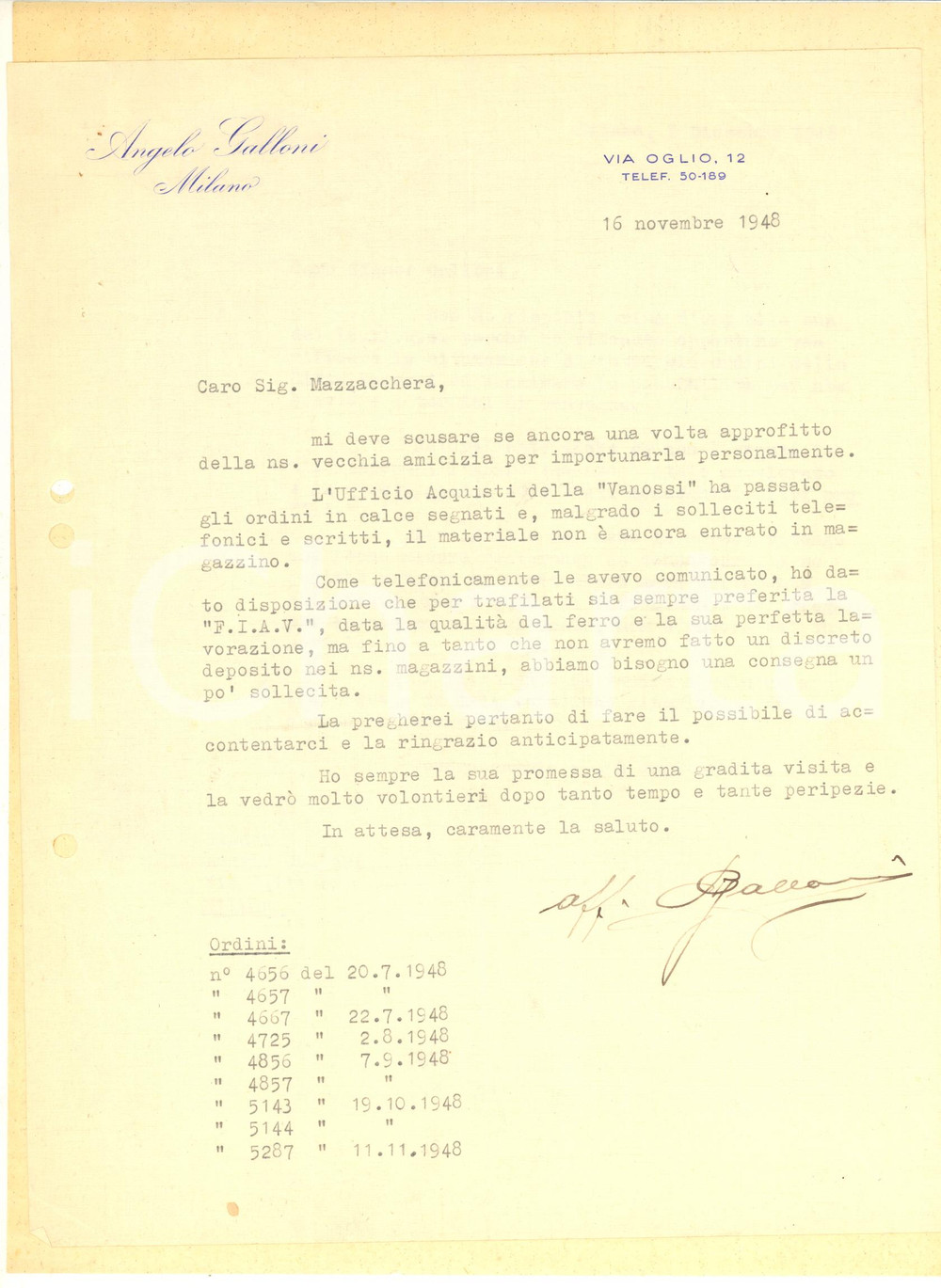 Documento originale, autentico 1948 MILANO Ditta Angelo GALLONI  Lettera per trafilati F.I.A.V.  Autografo 1