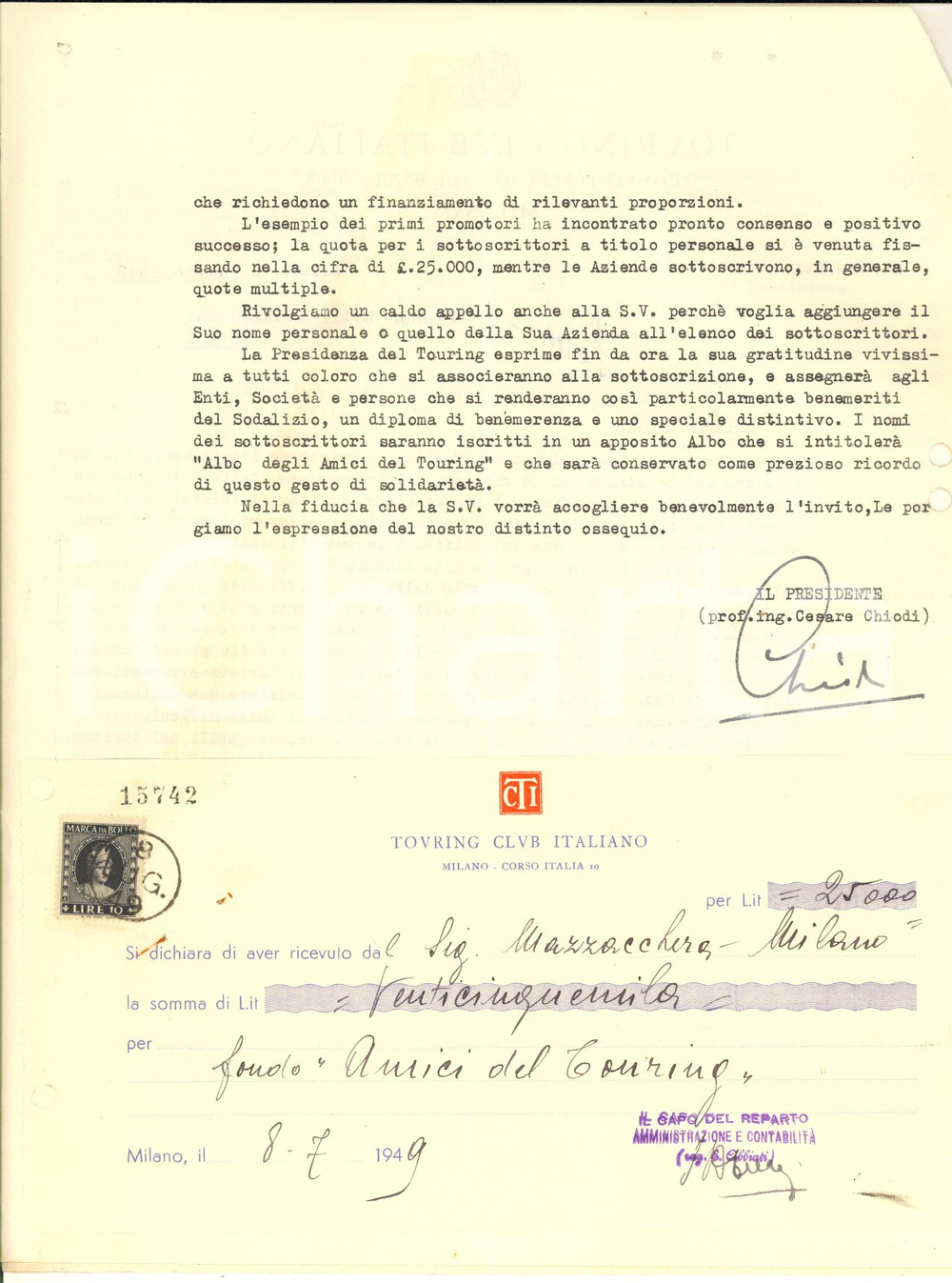 Autografo originale 1949 MILANO TOURING CLUB Lettera Cesare CHIODI per guida di Roma  Autografo 1