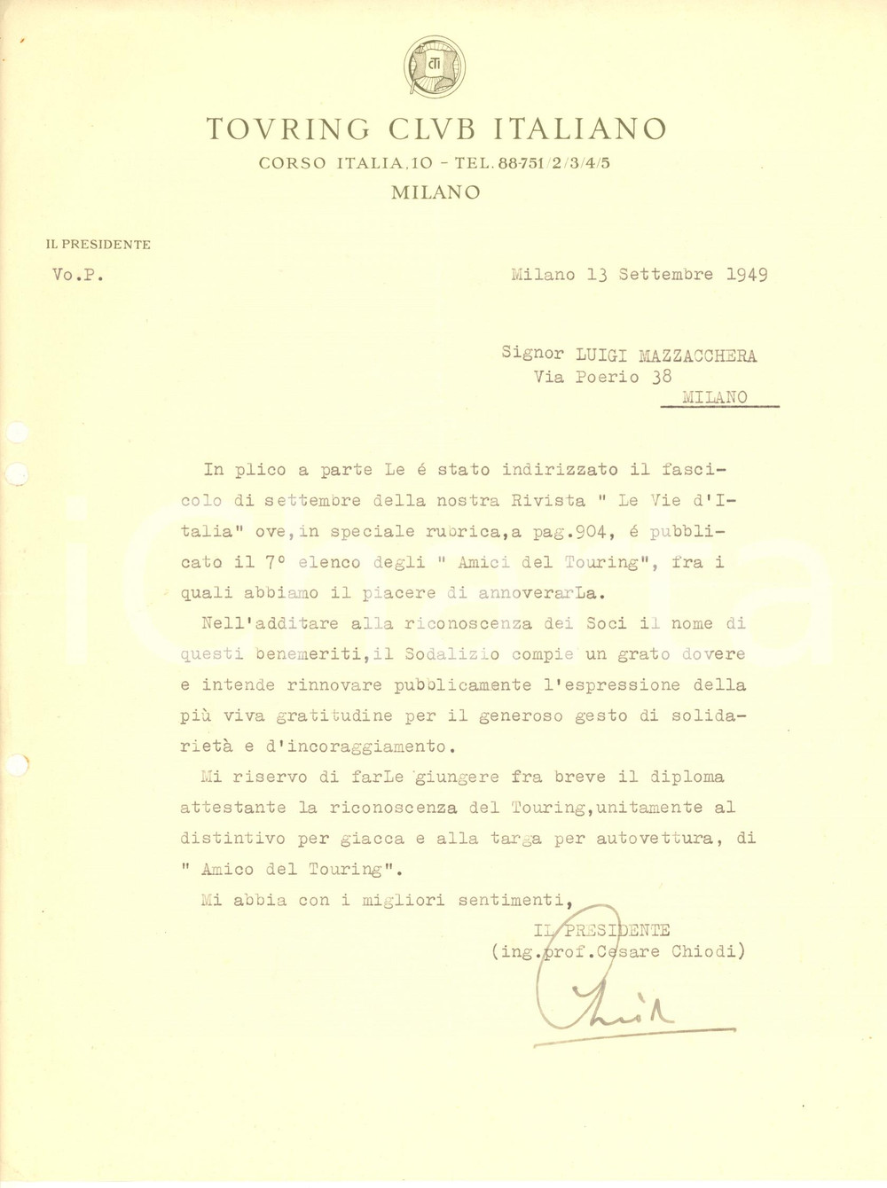 Autografo originale 1949 MILANO TOURING CLUB Lettera presidente Cesare CHIODI  Autografo 1