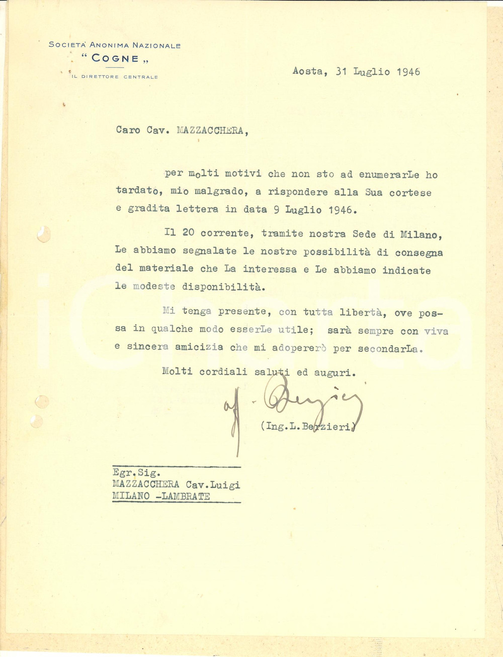 Autografo originale 1946 AOSTA Lettera ing. Luigi BERZIERI  SocietÃ  Nazionale COGNE Autografo 1