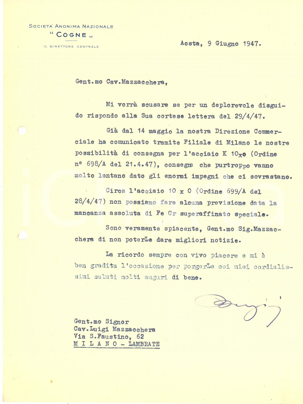 Autografo originale 1947 AOSTA Lettera ing. Luigi BERZIERI  SocietÃ  Nazionale COGNE Autografo 1